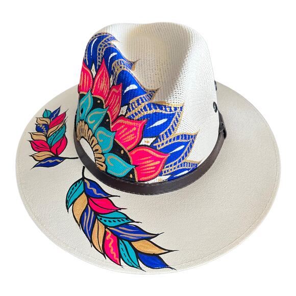 HAT MEXICAN Artisanal Hand Painted Fedora Mandala Sombrero Panama Bohemian White main image 4